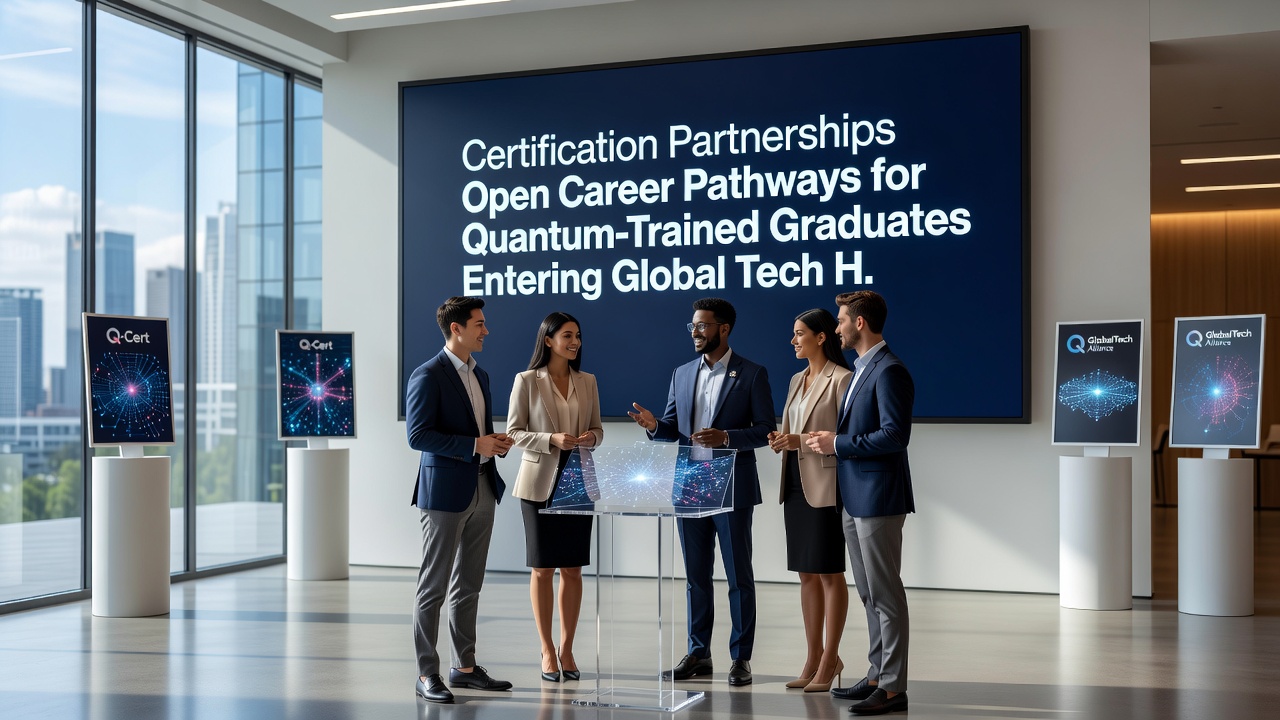 Group of quantum-trained professionals collaborating on a project inside a global technology innovation center